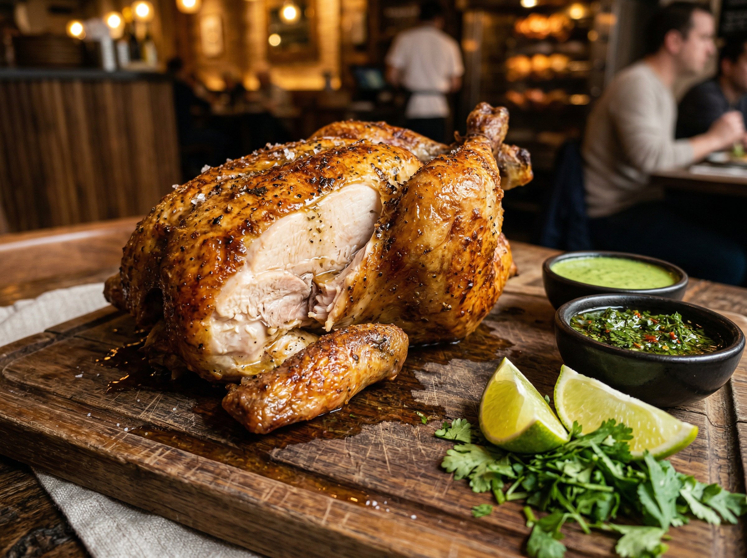 Whole rotisserie chicken on a wooden board with aji verde