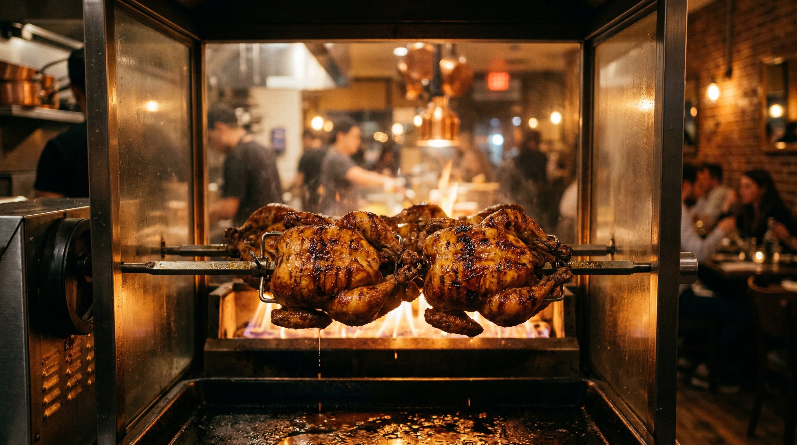 Golden rotisserie chickens slowly turning on a spit at Pepe's BBQ