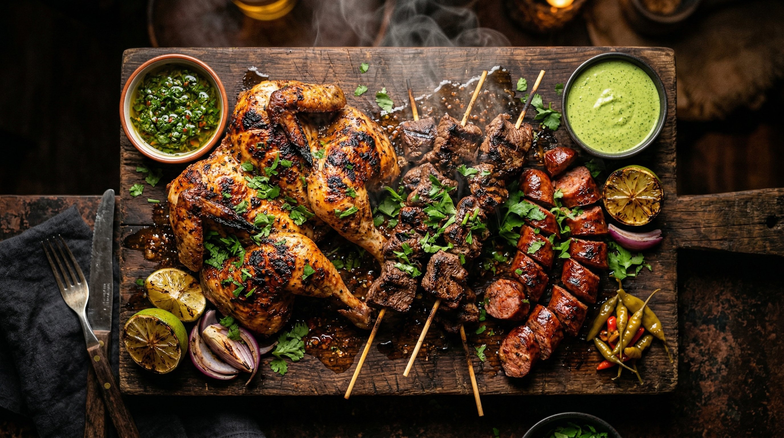 Pepe's BBQ signature platter with chicken, beef skewers, sausages, chimichurri and aji verde