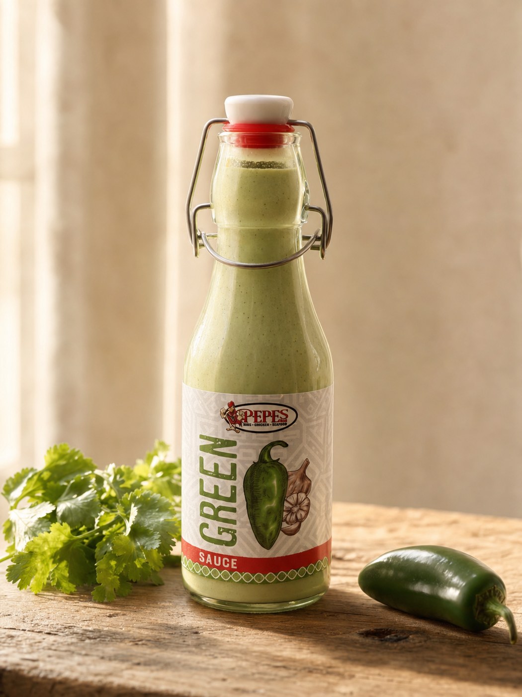 Squeeze bottle of Pepe's BBQ house-made aji verde green sauce on a rustic wood table
