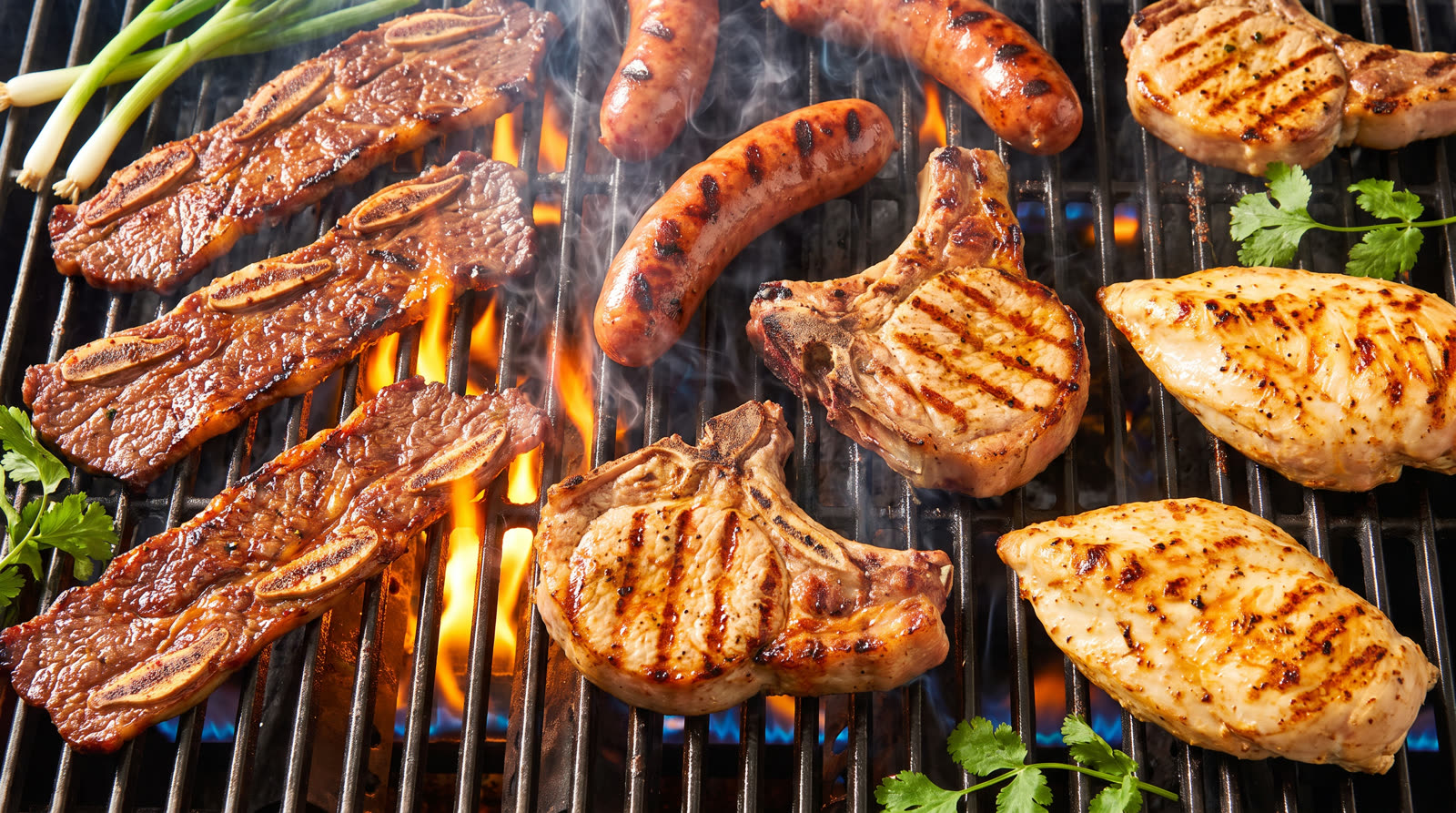 Flame-grilled beef ribs, steak and chicken on the grill