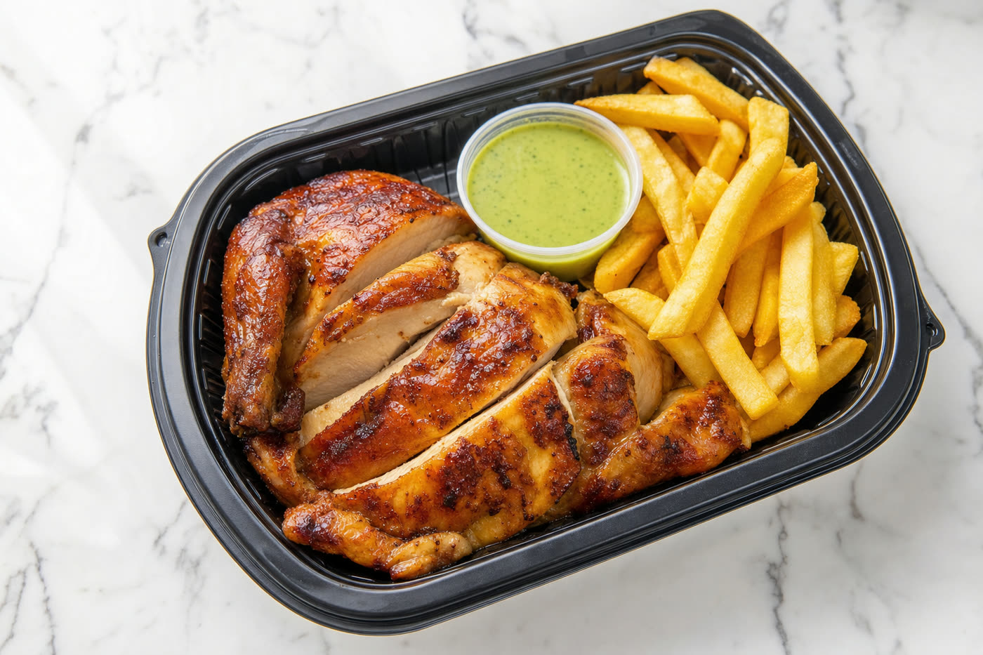 Peruvian rotisserie chicken packed fresh in a modern to-go container with aji verde sauce