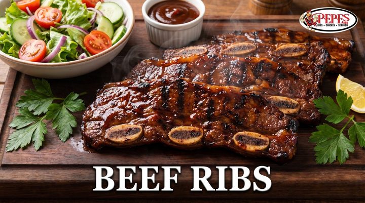 Flame-grilled beef ribs at Pepe's BBQ