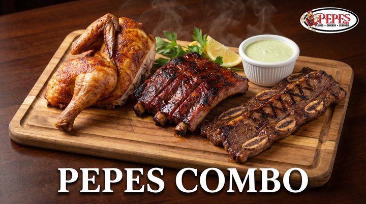 Pepe's Combo platter with chicken, ribs and sides at Pepe's BBQ