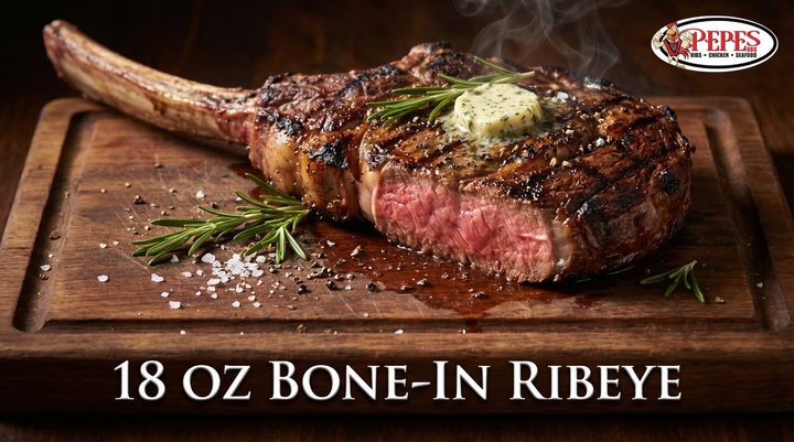18 ounce bone-in cowboy ribeye steak at Pepe's BBQ
