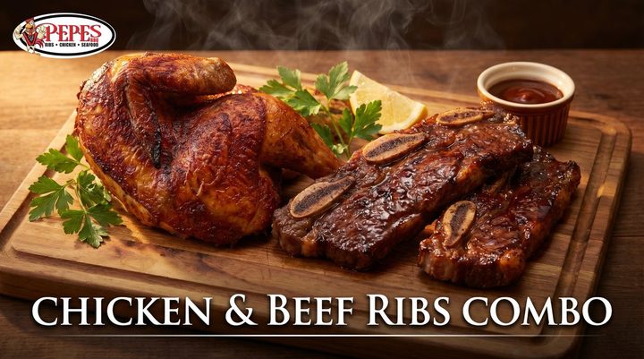 Combo platter of rotisserie chicken and beef ribs at Pepe's BBQ