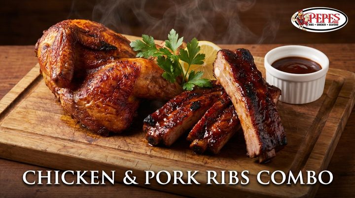 Combo platter of rotisserie chicken and pork ribs at Pepe's BBQ
