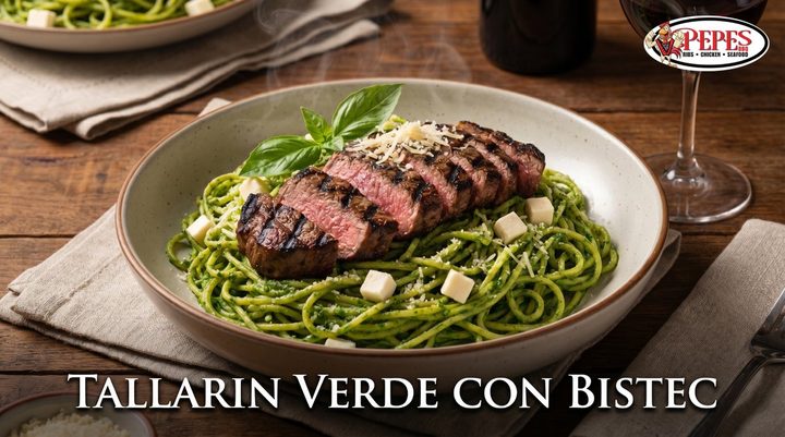 Tallarin verde green noodles with steak at Pepe's BBQ
