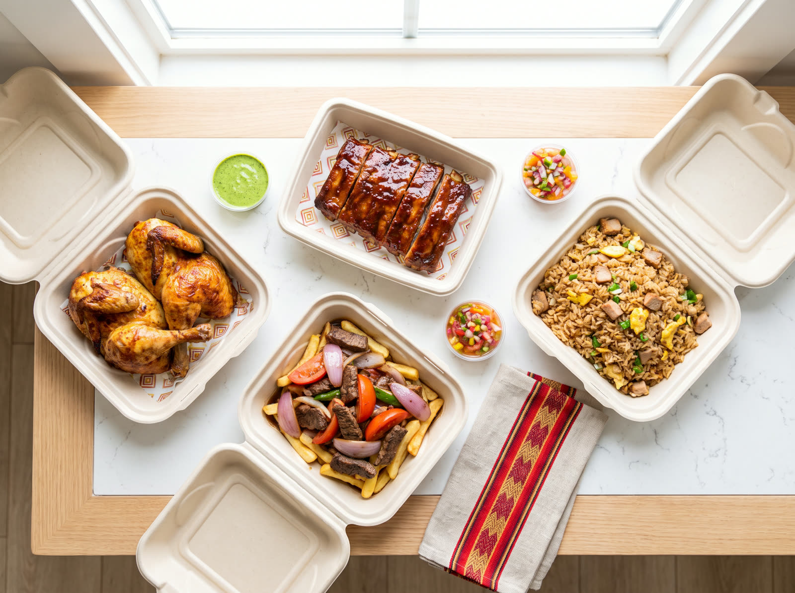 To-go combo of chicken, ribs, lomo saltado and arroz chaufa