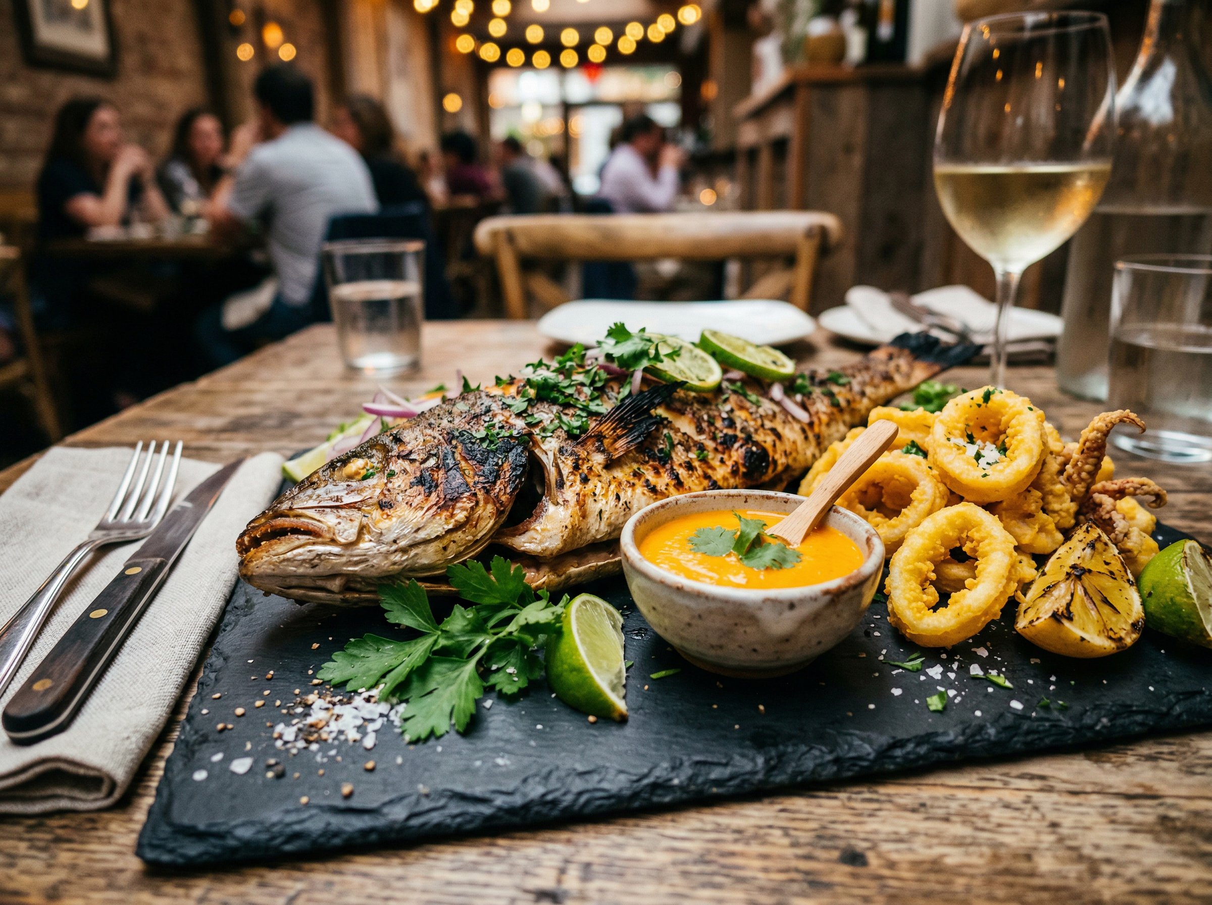 Grilled whole fish and calamari — fresh Peruvian seafood